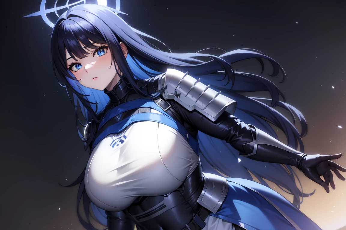 saori joumae, blue eyes, blue hair, halo, long hair, adventurer clothes, light armor:1.3