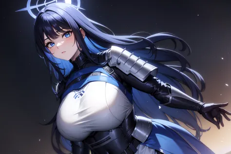 saori joumae, blue eyes, blue hair, halo, long hair, adventurer clothes, light armor:1.3