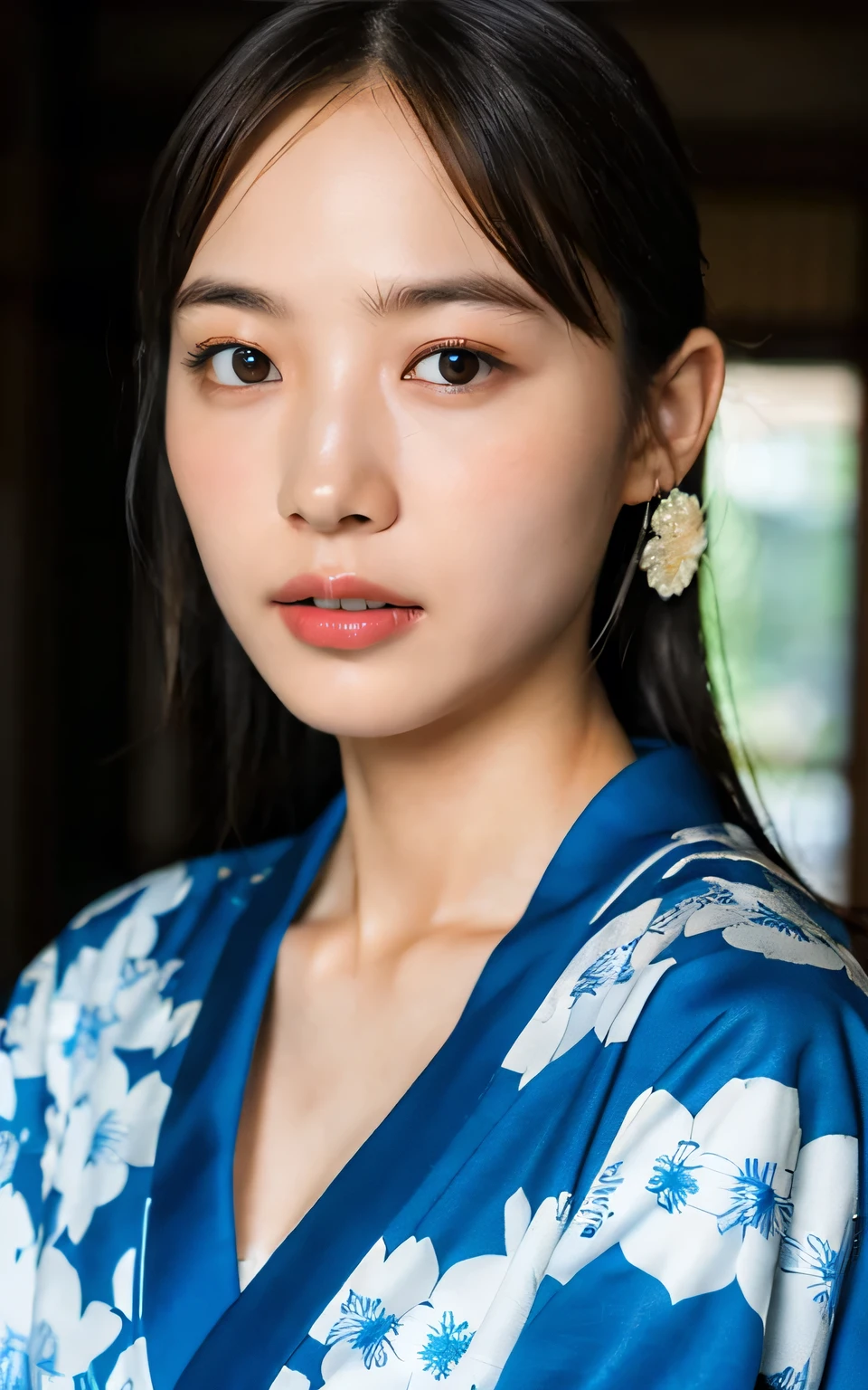 ((Highest quality, 8K, masterpiece: 1.3)), Sharp focus: 1.2, Beautiful woman with perfect figure: 1.4, (kimono, Complex Blue), Highly detailed face and skin texture, fine grain, (lips),
