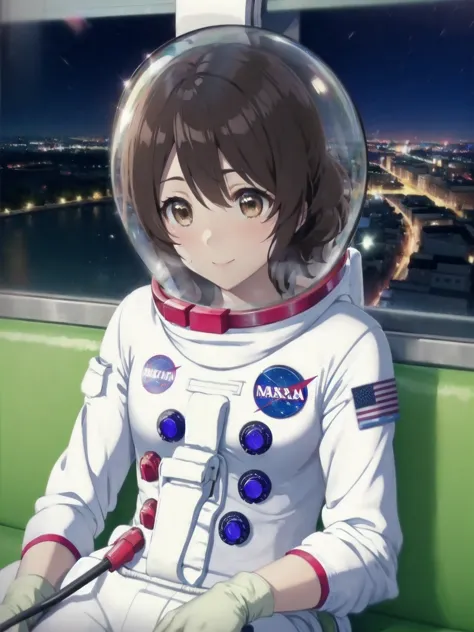 space helmet, (cinematic scene, sitting on a chair, train interior, , city view, night view: 1.5), space helmet, eva helmet, spa...