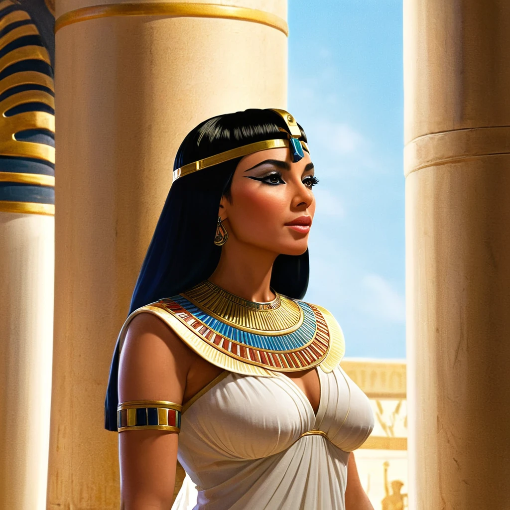 (bust:1.4), Low - Angle:1.4, Cleopatra, Beautiful woman with long black hair, Detailed face, Deep Eyes, ふっくらAnd唇, Wearing a gold crown, Luxurious ancient Egyptian palace interior, Dramatic lighting, A gorgeous column, rich fabric, (Highest quality,4K,8K,High resolution,masterpiece:1.2),Super detailed,(Realistic,photoRealistic,photo-Realistic:1.37),Intricate details,Cinema Lighting,Chiaroscuro,Dramatic Shadows,Warm color palette,Dramatic Pose, Beautiful Egyptian Queen,Hall々And,elegant,Majestic