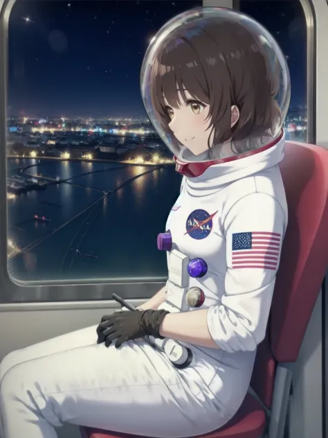 space helmet, (cinematic scene, sitting on a chair, train interior, , city view, night view: 1.5), space helmet, eva helmet, spa...