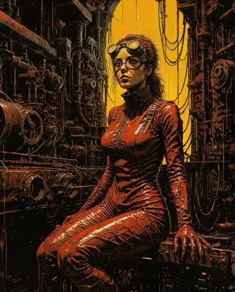 a woman in a dark and dirty steampunk laboratory with a steampunk  catsuit and protective goggles is about to weld glittering pi...