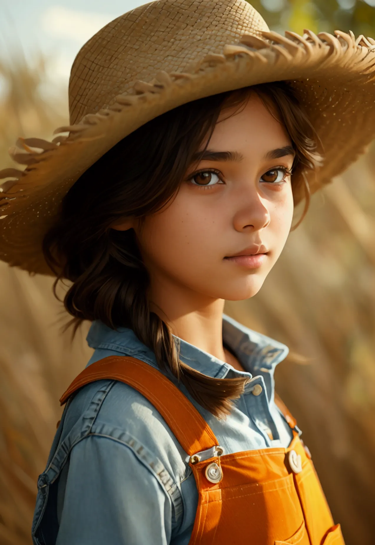 14 year old girl with brown hair and light brown skin, wearing light orange colored denim overalls and a straw hat