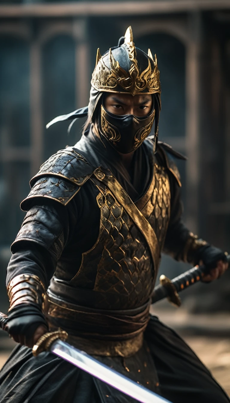 Strong, focused, fearless, stealthy, black ninja outfit, samurai sword, traditional armor, mask, piercing eyes, agile, battle atmosphere background, hyper realistic, ultra detailed hyper realistic, photorealistic, Studio Lighting, wearing a gold crown, reflections, dynamic pose, Cinematic, Color Grading, Photography, Shot on 50mm lens, Ultra-Wide Angle, Depth of Field, hyper-detailed, beautifully color, 8k