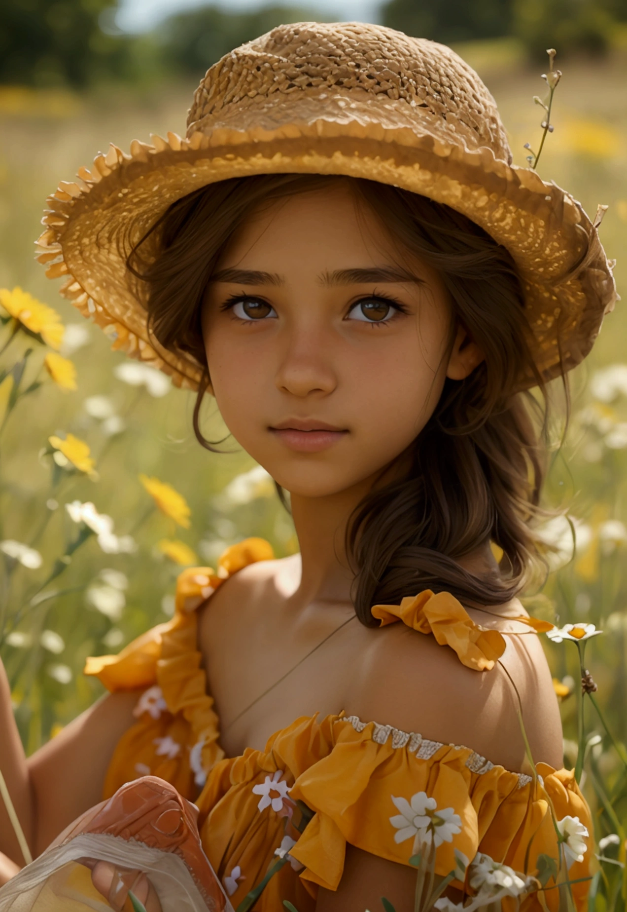 cute 14 year old girl with brown hair and light brown skin, wearing ripped sundress in a meadow
