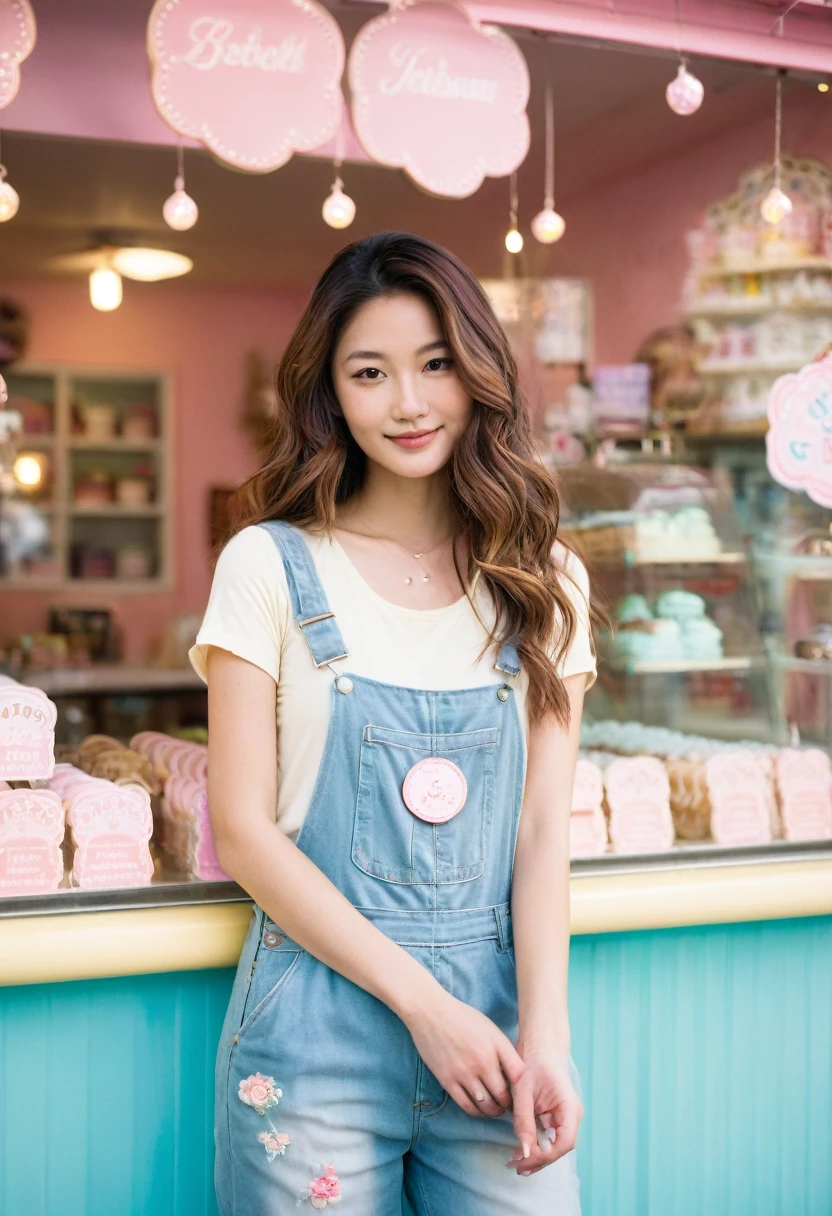 A captivating portrait photograph of a young Korean model, standing proudly in front of a vibrant ice cream shop with pastel-colored walls and whimsical decorations. Her long, wavy brown hair complements her casual yet stylish outfit: faded denim overalls with a "Anonymous" patch and an embroidered pink elephant. Her radiant smile lights up the scene, while the background, adorned with framed pictures, exudes a soft and dreamy atmosphere through a bokeh effect. The natural and bright daylight illuminates both the shop and the subject, highlighting the woman's expressive face and unique sense of style., portrait photography