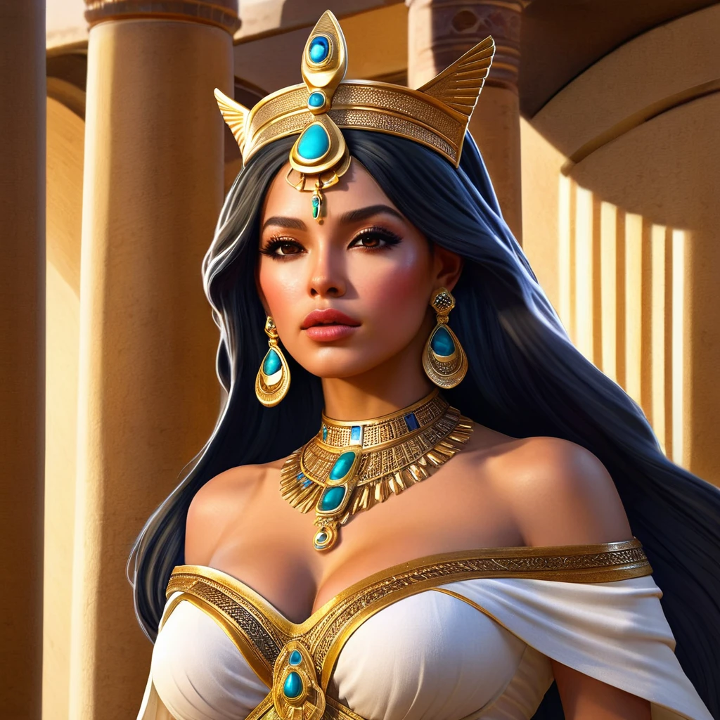 (bust:1.4), Low - Angle:1.4, Desert Princess, Beautiful woman with long black hair, Detailed face, Deep Eyes, ふっくらAnd唇, Wearing a gold crown, Detailed starry sky,Vast desert and the Sphinx, Dramatic lighting, A gorgeous column, rich fabric, (Highest quality,4K,8K,High resolution,masterpiece:1.2),Super detailed,(Realistic,photoRealistic,photo-Realistic:1.37),Intricate details,Cinema Lighting,Chiaroscuro,Dramatic Shadows,Warm color palette,Dramatic Pose, Beautiful Egyptian Queen,Hall々And,elegant,Majestic