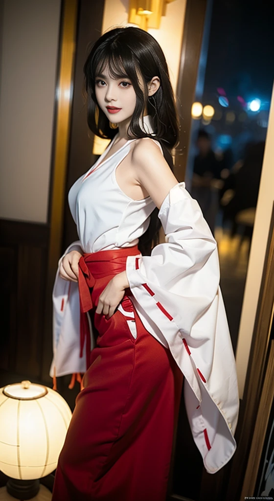 Kikyo,miko,
kimono, red hakama,
wide sleeves, long sleeves, ribbon-trimmed sleeves, ((Bare shoulders)), ((Full breasts)), ((The skirt is short)), ((Sexy legs)), ((knee shot)), ((Standing, Elegant posture)), zydG, Practical, Fashion Girl, Red lips, Mature women, Exquisite makeup, big eyes, beautiful, (best quality, masterpiece:1.2), Extremely detailed, (Practical:1.37), ((Random Scenes, Random shooting angle)), ((Sexy long legs)), Young and energetic, Charming model, (Exquisite eyes, Delicate lips), Show a bright smile, Create stunning girl images, warm color, Extremely saturated colors, Official Art, Extremely detailed的 CG, Unity 8K wallpaper, (High Dynamic Range :1.4), (Movie atmosphere),(Soft colors), (Natural skin texture, ultra-Practical, Soft Light, sharp),(Very detailed), night, moonlight