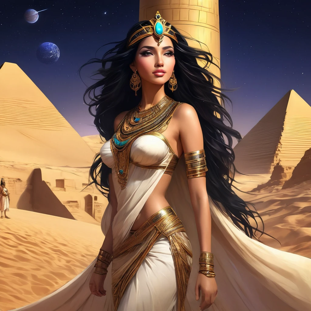 (bust:1.4), Low - Angle:1.4, Desert Princess, Beautiful woman with long black hair, Detailed face, Deep Eyes, ふっくらAnd唇, Wearing a gold crown, Detailed starry sky,Vast desert and the Sphinx, Dramatic lighting, A gorgeous column, rich fabric, (Highest quality,4K,8K,High resolution,masterpiece:1.2),Super detailed,(Realistic,photoRealistic,photo-Realistic:1.37),Intricate details,Cinema Lighting,Chiaroscuro,Dramatic Shadows,Warm color palette,Dramatic Pose, Beautiful Egyptian Queen,Hall々And,elegant,Majestic