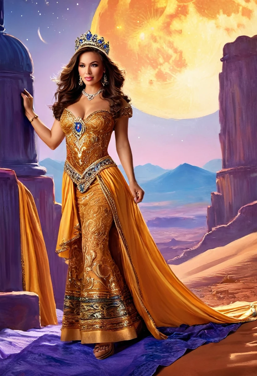 Arafed digital painting of a desert princess BREAK and her pet cougar in her palace high details, best quality, 16k, f a female human princess and her pet cougar, princess of the desert, full body, ((anatomically correct: 1.5)) ((standing: 1.5)) proudly royalty demeanor, a woman, (best detailed face: 1.5), Ultra Detailed face, wearing royal desert dress, decorated with gems, wearing princess tiara, small cleavage, thigh high intricate leather high heeled boot, thick hair, long hair, brown hair, tan skin intense brown eyes, her epic desert (cougar : 1.3) lying at her feet, guarding her, an epic fantasy desert palace in an oasis in the background (intricate details, Masterpiece, best quality: 1.5) night, moon light, stars ,Wide-Angle, award winning, best quality, high quality, high details, highres, vibrant, Ultra-high resolution, High Contrast, (masterpiece:1.5), highest quality, Best aesthetics, best details, best quality, highres, ultra wide angle, 16k, [ultra detailed], masterpiece, best quality, chumbasket art style, Cinematic Hollywood Film, digital painting