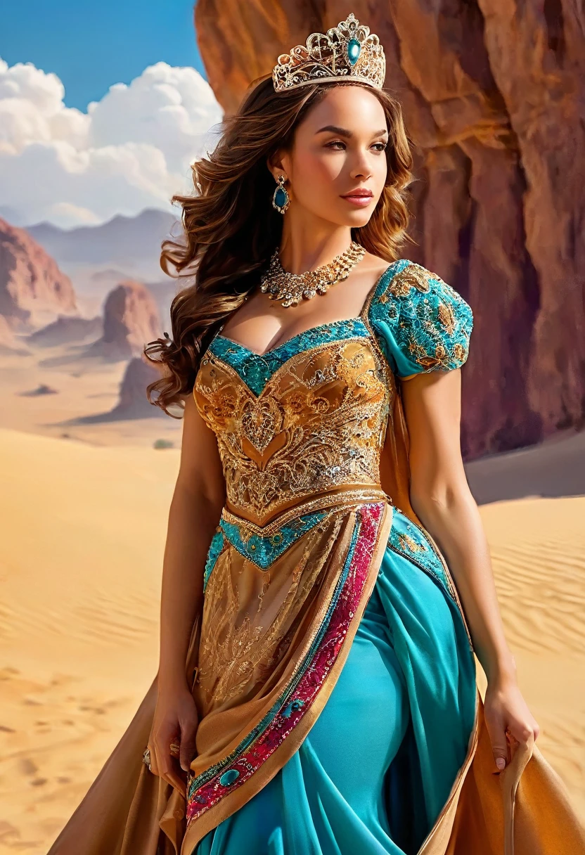 Arafed digital painting of a desert princess BREAK and her pet cougar in her palace high details, best quality, 16k, f a female human princess and her pet cougar, princess of the desert, full body, ((anatomically correct: 1.5)) ((standing: 1.5)) proudly royalty demeanor, a woman, (best detailed face: 1.5), Ultra Detailed face, wearing royal desert dress, decorated with gems, wearing princess tiara, small cleavage, thigh high intricate leather high heeled boot, thick hair, long hair, brown hair, tan skin intense brown eyes, her epic desert (cougar : 1.3) lying at her feet, guarding her, an epic fantasy desert palace in an oasis in the background (intricate details, Masterpiece, best quality: 1.5) night, moon light, stars ,Wide-Angle, award winning, best quality, high quality, high details, highres, vibrant, Ultra-high resolution, High Contrast, (masterpiece:1.5), highest quality, Best aesthetics, best details, best quality, highres, ultra wide angle, 16k, [ultra detailed], masterpiece, best quality, chumbasket art style, Cinematic Hollywood Film, digital painting