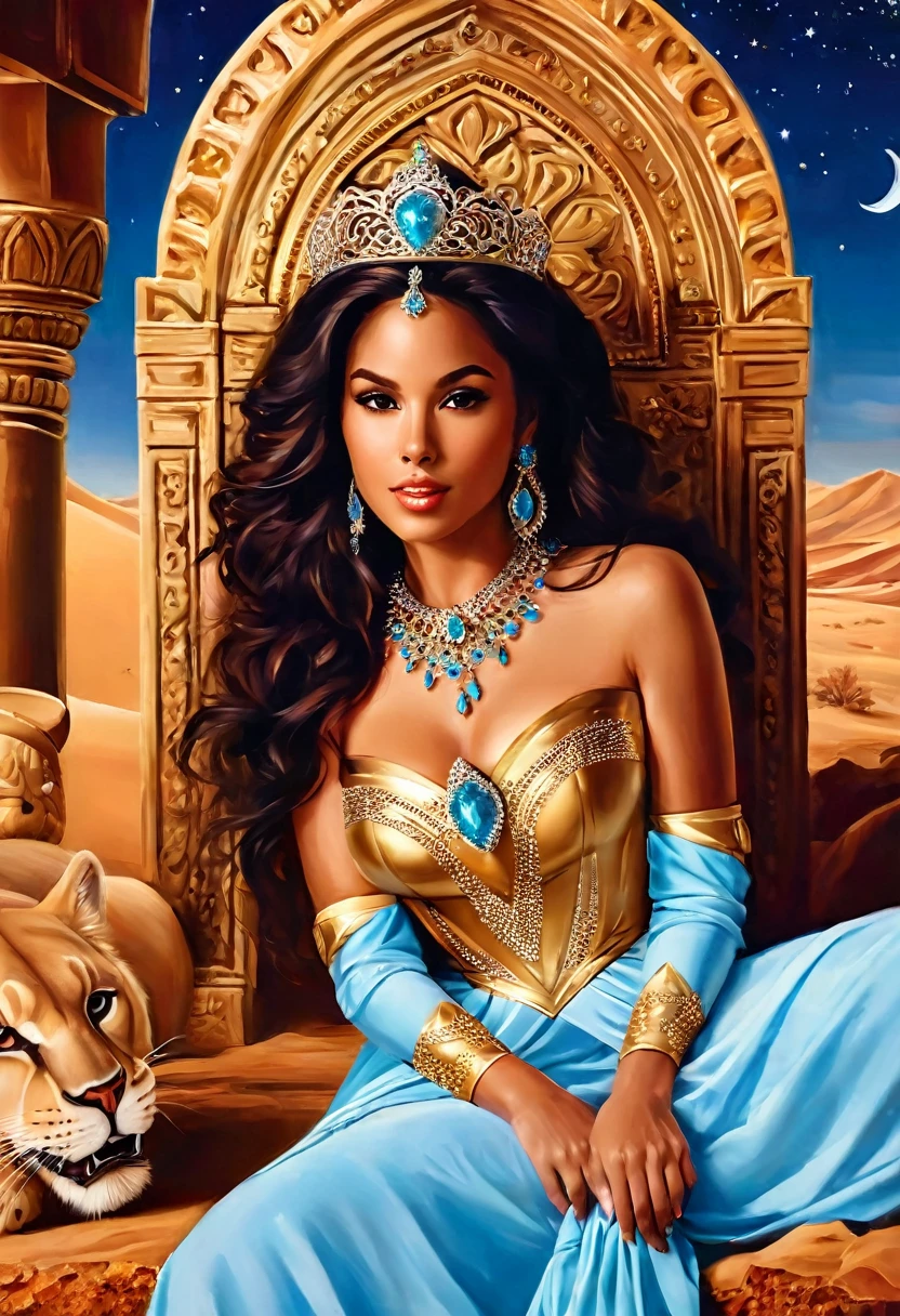 Arafed digital painting of a desert princess BREAK and her pet cougar in her palace high details, best quality, 16k, f a female human princess and her pet cougar, princess of the desert, full body, ((anatomically correct: 1.5)) ((standing: 1.5)) proudly royalty demeanor, a woman, (best detailed face: 1.5), Ultra Detailed face, wearing royal desert dress, decorated with gems, wearing princess tiara, small cleavage, thigh high intricate leather high heeled boot, thick hair, long hair, brown hair, tan skin intense brown eyes, her epic desert (cougar : 1.3) lying at her feet, guarding her, an epic fantasy desert palace in an oasis in the background (intricate details, Masterpiece, best quality: 1.5) night, moon light, stars ,Wide-Angle, award winning, best quality, high quality, high details, highres, vibrant, Ultra-high resolution, High Contrast, (masterpiece:1.5), highest quality, Best aesthetics, best details, best quality, highres, ultra wide angle, 16k, [ultra detailed], masterpiece, best quality, chumbasket art style, Cinematic Hollywood Film, digital painting