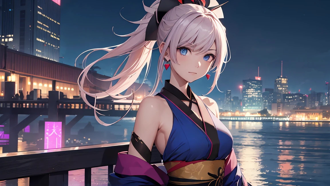 Browsing Caution　(Highest quality:1.5, High resolution, 超High resolution, 4K, Detailed lighting, Take center、Shaders)miyamoto musashi asymmetrical hair, blue eyes, Earrings, hair ornaments, Pink Hair, ponytail, Side Lock, break bare shoulders, blue kimono, Removable sleeves, elbow sleeve, kimono, kimono, heart, sash, Sleeveless, Sleeveless kimono, break outdoors, city, break looking at viewer, break (masterpiece:1.2), Highest quality, High resolution, unity 8k wallpaper, (shape:0.8), (Beautiful details:1.6), Highly detailed face, Perfect lighting, Extremely detailed CG, (Perfect hands, Perfect Anatomy),Coastline at night、There will be a lot of fireworks、