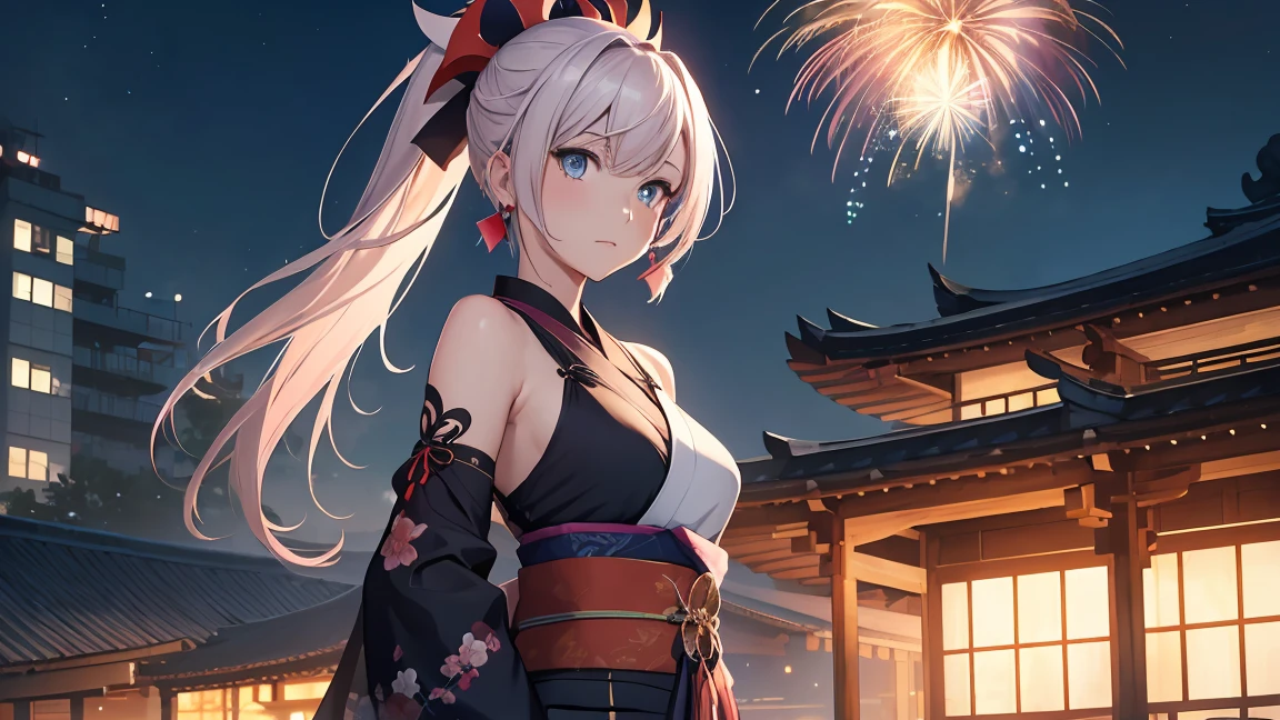 Browsing Caution　(Highest quality:1.5, High resolution, 超High resolution, 4K, Detailed lighting, Take center、Shaders)miyamoto musashi asymmetrical hair, blue eyes, Earrings, hair ornaments, Pink Hair, ponytail, Side Lock, break bare shoulders, blue kimono, Removable sleeves, elbow sleeve, kimono, kimono, heart, sash, Sleeveless, Sleeveless kimono, break outdoors, city, break looking at viewer, break (masterpiece:1.2), Highest quality, High resolution, unity 8k wallpaper, (shape:0.8), (Beautiful details:1.6), Highly detailed face, Perfect lighting, Extremely detailed CG, (Perfect hands, Perfect Anatomy),Coastline at night、There will be a lot of fireworks、