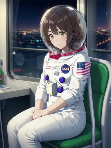 space helmet, (cinematic scene, sitting on a chair, train interior, , city view, night view: 1.5), space helmet, eva helmet, spa...