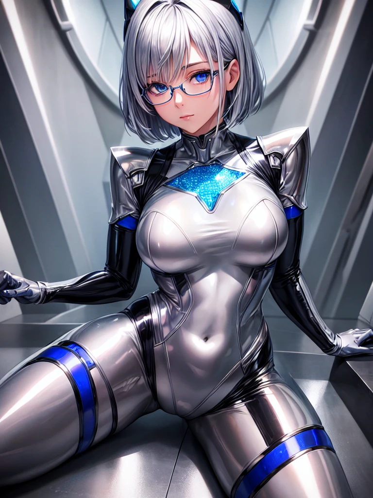 Highest quality 8K UHD、Mastepiece、Close-up、short hair、Blue Eyes、Open legs、Silver Hair、Glasses、Beautiful woman wearing seamless full-body silver metallic suit、Seamless full body silver metallic rubber suit