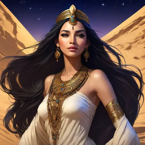 (bust:1.4), Low - Angle:1.4, Desert Princess, Beautiful woman with long black hair, Detailed face, Deep Eyes, ふっくらAnd唇, Wearing ...