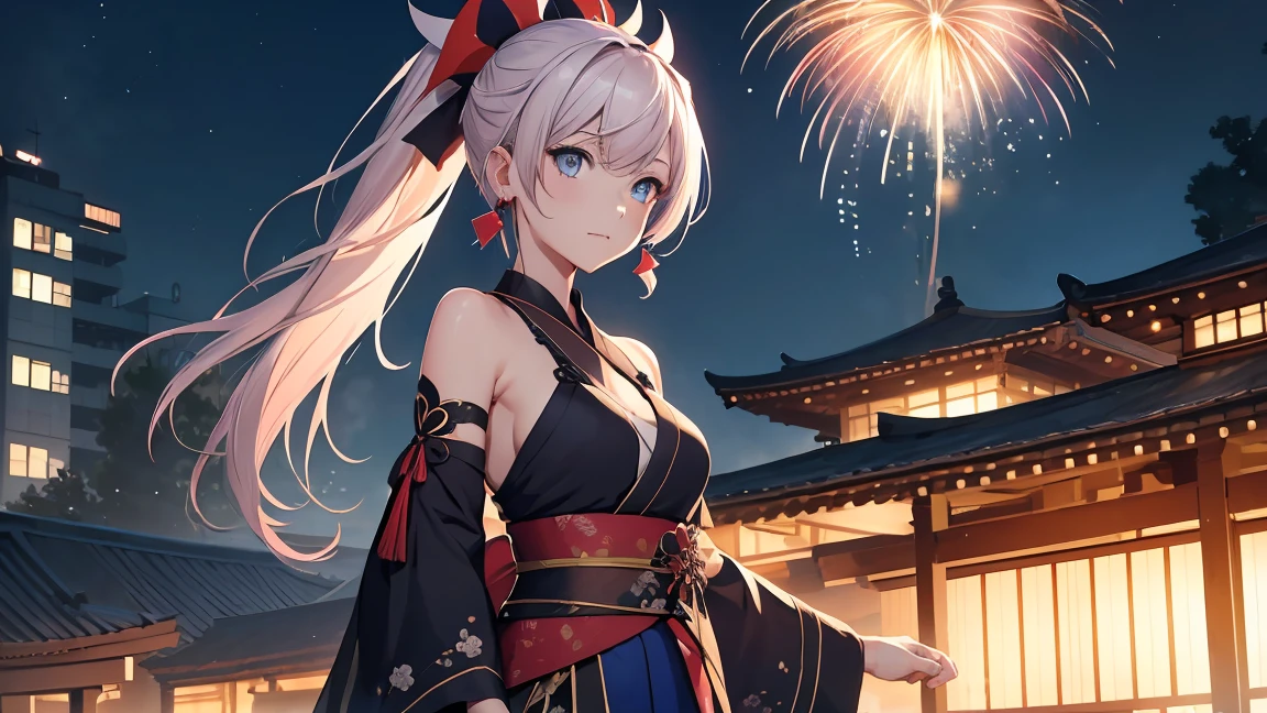 Browsing Caution　(Highest quality:1.5, High resolution, 超High resolution, 4K, Detailed lighting, One woman at the center、Shaders)miyamoto musashi asymmetrical hair, blue eyes, Earrings, hair ornaments, Pink Hair, ponytail, Side Lock, break bare shoulders, blue kimono, Removable sleeves, elbow sleeve, kimono, kimono, heart, sash, Sleeveless, Sleeveless kimono, break outdoors, city, break looking at viewer, break (masterpiece:1.2), Highest quality, High resolution, unity 8k wallpaper, (shape:0.8), (Beautiful details:1.6), Highly detailed face, Perfect lighting, Extremely detailed CG, (Perfect hands, Perfect Anatomy),Coastline at night、Lots of fireworks background、