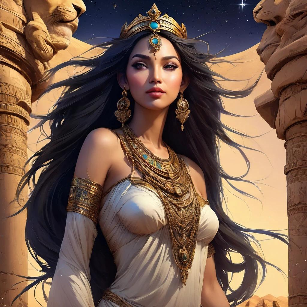 (bust:1.4), Low - Angle:1.4, Desert Princess, Beautiful woman with long black hair, Detailed face, Deep Eyes, ふっくらAnd唇, Wearing a gold crown, Detailed starry sky,Vast desert and the Sphinx, Dramatic lighting, A gorgeous column, rich fabric, (Highest quality,4K,8K,High resolution,masterpiece:1.2),Super detailed,(Realistic,photoRealistic,photo-Realistic:1.37),Intricate details,Cinema Lighting,Chiaroscuro,Dramatic Shadows,Warm color palette,Dramatic Pose, Beautiful Egyptian Queen,Hall々And,elegant,Majestic