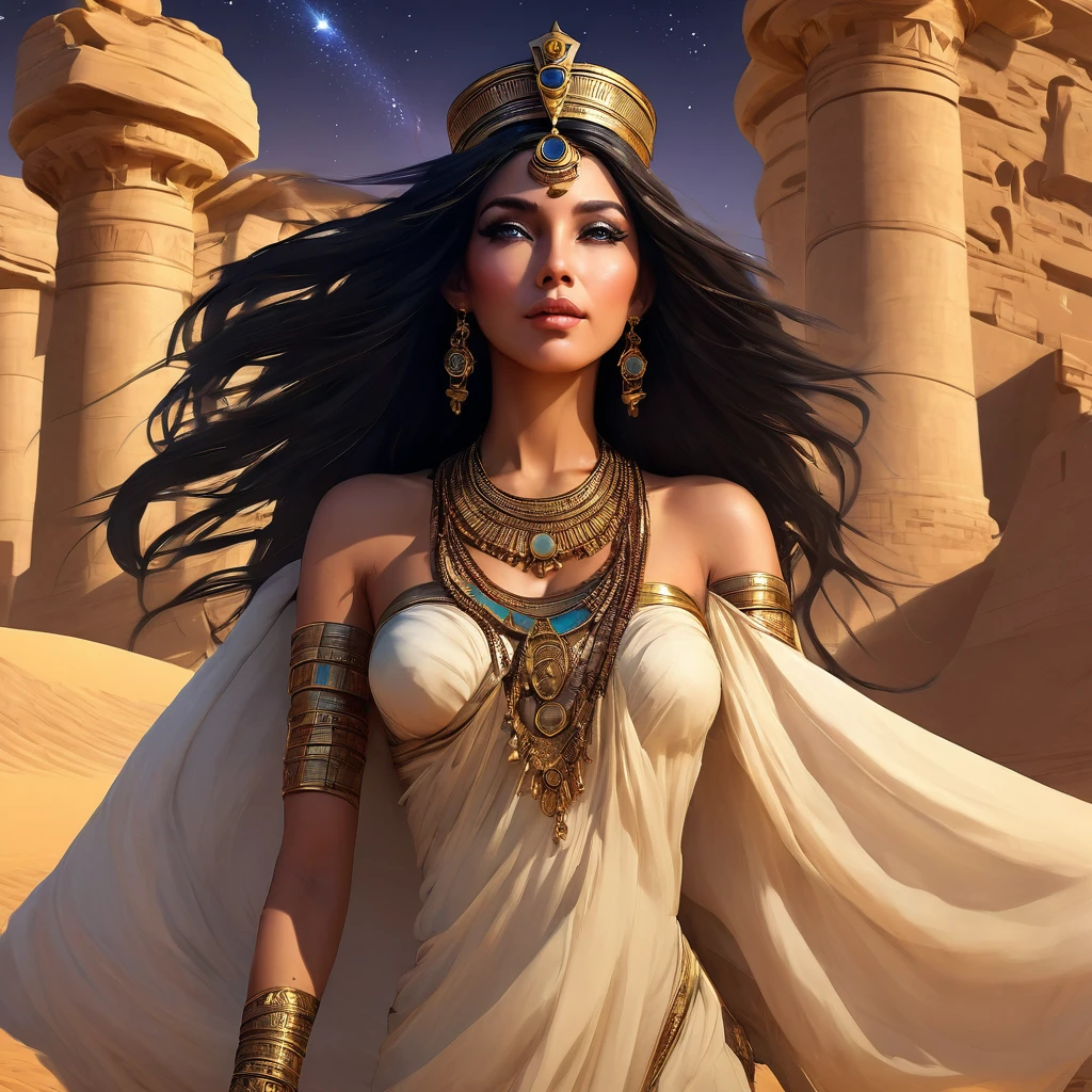 (bust:1.4), Low - Angle:1.4, Desert Princess, Beautiful woman with long black hair, Detailed face, Deep Eyes, ふっくらAnd唇, Wearing a gold crown, Detailed starry sky,Vast desert and the Sphinx, Dramatic lighting, A gorgeous column, rich fabric, (Highest quality,4K,8K,High resolution,masterpiece:1.2),Super detailed,(Realistic,photoRealistic,photo-Realistic:1.37),Intricate details,Cinema Lighting,Chiaroscuro,Dramatic Shadows,Warm color palette,Dramatic Pose, Beautiful Egyptian Queen,Hall々And,elegant,Majestic