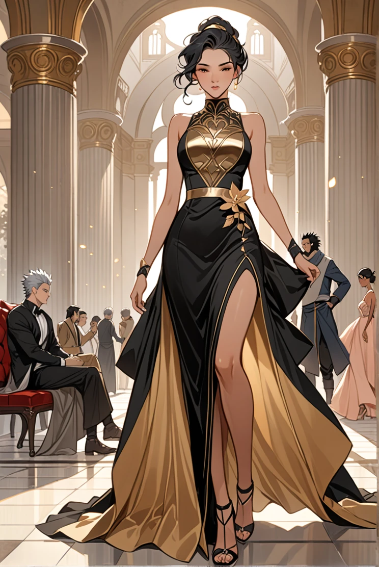 Illustration in styles of Harrison Fisher, Jeremy Mann, Alexandre Cabanel, and Tomer Hanuka, of a stunningly beautiful lady Vegeta girl + Naruto clad in an elegant dress, em seus pés with the contradiction of men's sandália, atmosphere that balances the delicate and the rugged, soft pastel hues for the dress black gold contrasting their sturdy, leather exterior, textures that interplay tone as if at