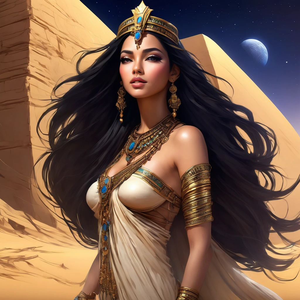 (bust:1.4), Low - Angle:1.4, Desert Princess, Beautiful woman with long black hair, Detailed face, Deep Eyes, ふっくらAnd唇, Wearing a gold crown, Detailed starry sky,Vast desert and the Sphinx, Dramatic lighting, A gorgeous column, rich fabric, (Highest quality,4K,8K,High resolution,masterpiece:1.2),Super detailed,(Realistic,photoRealistic,photo-Realistic:1.37),Intricate details,Cinema Lighting,Chiaroscuro,Dramatic Shadows,Warm color palette,Dramatic Pose, Beautiful Egyptian Queen,Hall々And,elegant,Majestic