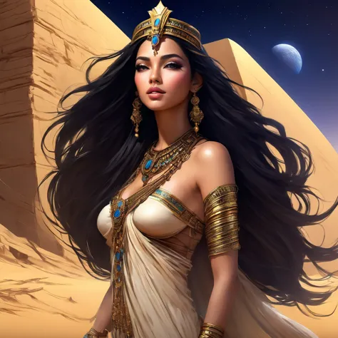 (bust:1.4), Low - Angle:1.4, Desert Princess, Beautiful woman with long black hair, Detailed face, Deep Eyes, ふっくらAnd唇, Wearing ...