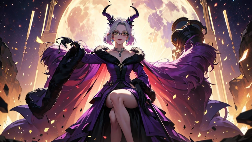 8k, masterpiece, best quality, highly detailed, 1 girl, tiefling, warlock, multicolored hair, very short straight hair green highlight hair on white hair, strippled hair, wearing glasses, round glasses, earrings, red eyeshadow, long eyelashes, navel piercing, blushed cheek, red lips, necklace, rings, collarbone, mole, glamorous, purple and teal clothing, villainy, smirk, seductive face, close up view, rings, looking at viewer, demon horns, solo, royal dress, black lace gloves, fur coat, palace, blue pale moon, sitting on throne, crowned.