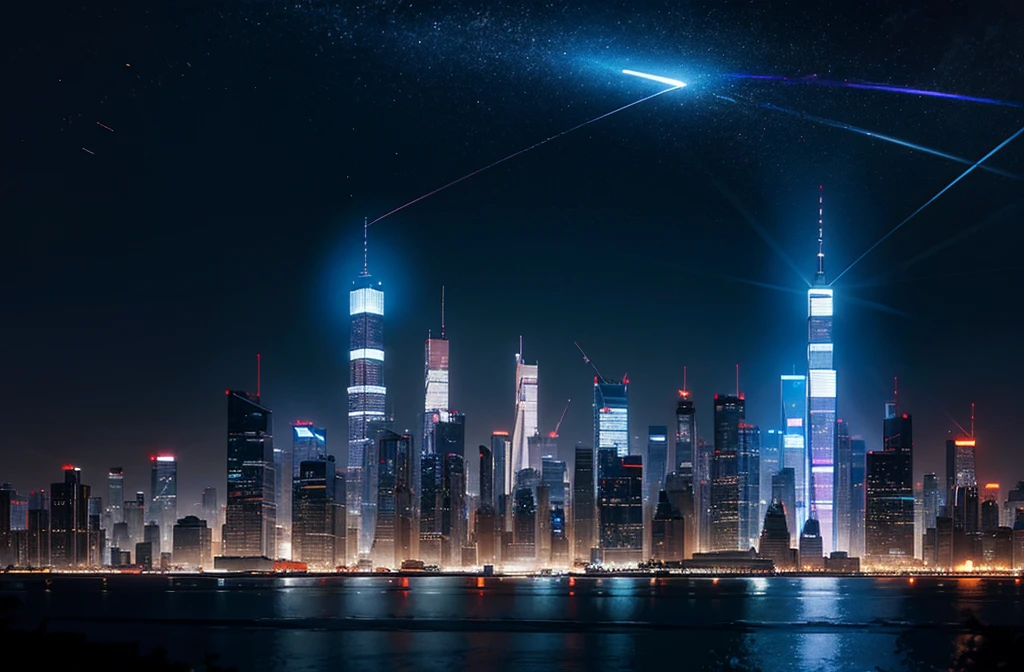 futuristic nighttime cyberpunk New York City skyline landscape, day time, HDR, 4k resolution