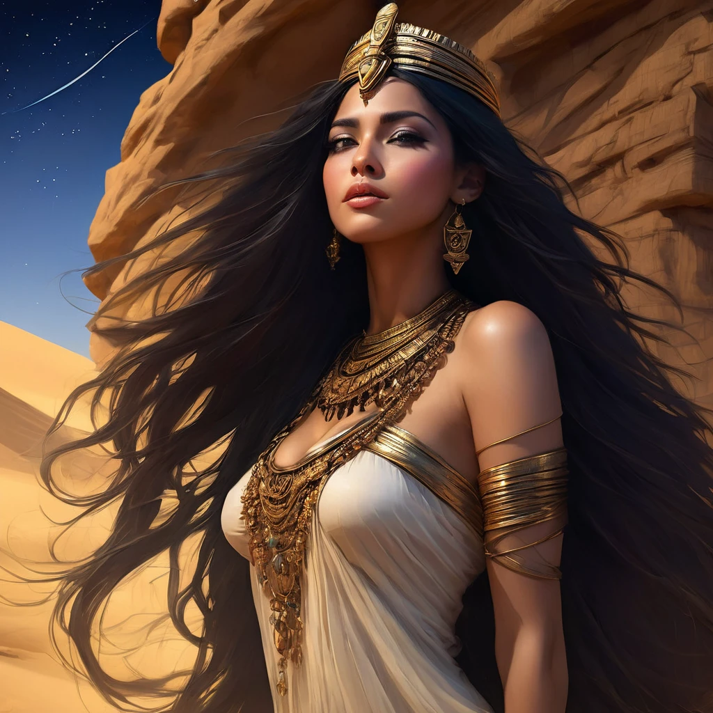 ((Sleeping in the Desert 2.0))，(bust:1.4), Low - Angle:1.4, Desert Princess, Beautiful woman with long black hair, Detailed face, Deep Eyes, ふっくらAnd唇, Wearing a gold crown, Detailed starry sky,Vast desert and the Sphinx, Dramatic lighting, A gorgeous column, rich fabric, (Highest quality,4K,8K,High resolution,masterpiece:1.2),Super detailed,(Realistic,photoRealistic,photo-Realistic:1.37),Intricate details,Cinema Lighting,Chiaroscuro,Dramatic Shadows,Warm color palette,Dramatic Pose, Beautiful Egyptian Queen,Hall々And,elegant,Majestic