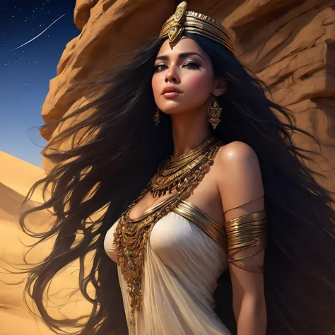 ((Sleeping in the Desert 2.0))，(bust:1.4), Low - Angle:1.4, Desert Princess, Beautiful woman with long black hair, Detailed face...