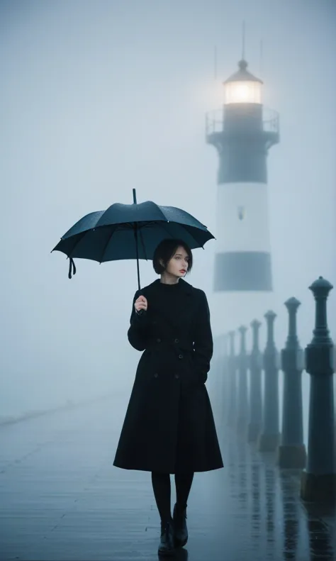 girl, short hair, black coat, cool,rain,blur,fog,middle,cool,boring,,pier,only,lighthouse in the distance,coast, street lamp, th...