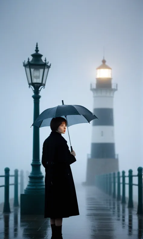 girl, short hair, black coat, cool,rain,blur,fog,middle,cool,boring,,pier,only,lighthouse in the distance,coast, street lamp, th...