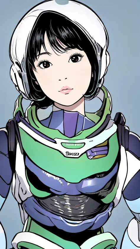 buzz lightyear、woman、black hair、short hair、upper body、simple background、close-up of face、