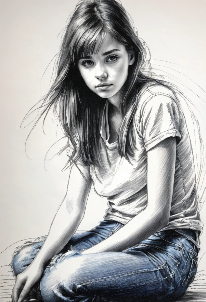 Girl staring at the viewer, early teens,( sitting on her knees), T-shirt, jeans, barefoot, coarse ballpoint pen sketch drawn in hatching technique, centering, (white background)), masterpiece
