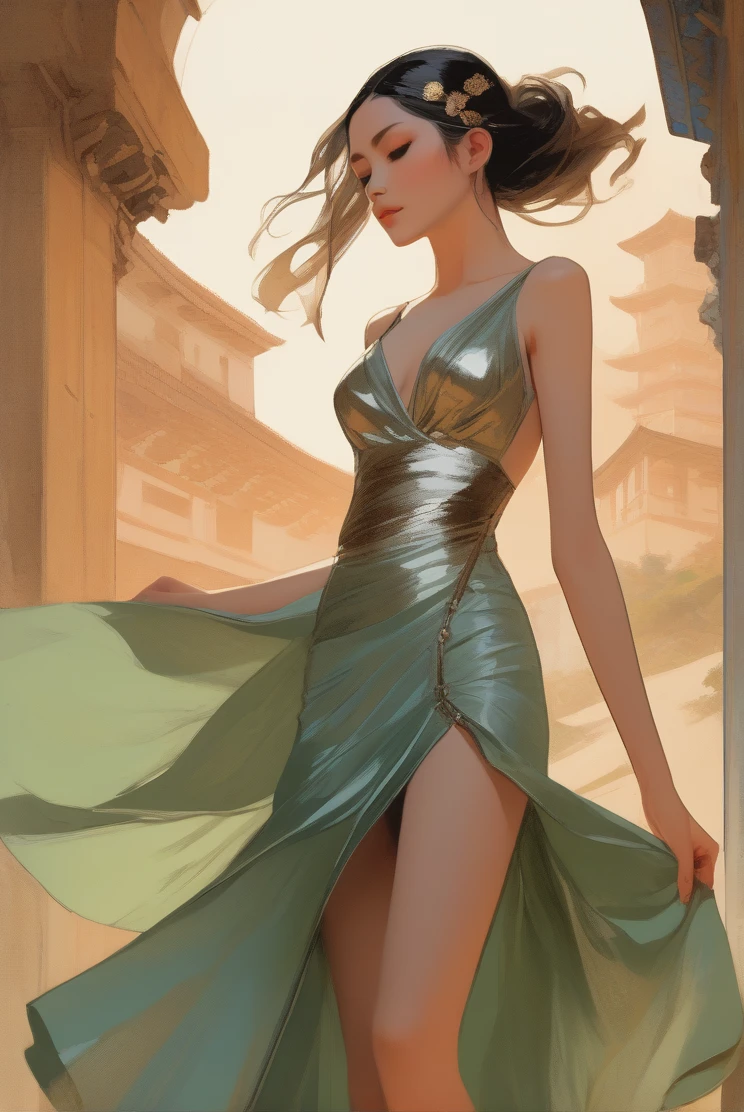 Illustration in styles of Harrison Fisher, Jeremy Mann, Alexandre Cabanel, and Tomer Hanuka, of a stunningly beautiful lady sexy decote em V Escanor girl + Naruto clad in an elegant dress, em seus pés with the contradiction of men's sandália, atmosphere that balances the delicate and the rugged, soft pastel hues for the dress silver Green contrasting their sturdy, leather exterior, textures that interplay tone as if at