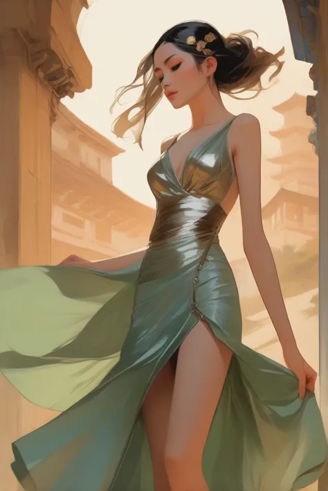 Illustration in styles of Harrison Fisher, Jeremy Mann, Alexandre Cabanel, and Tomer Hanuka, of a stunningly beautiful lady sexy...