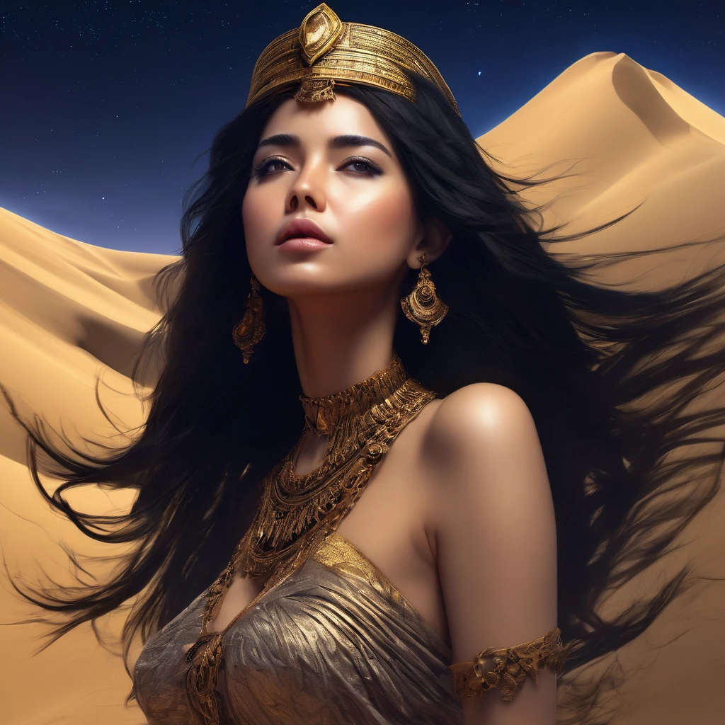 ((Sleeping in the Desert 2.0))，(bust:1.4), Low - Angle:1.4, Desert Princess, Beautiful woman with long black hair, Detailed face, Deep Eyes, ふっくらAnd唇, Wearing a gold crown, The vast starry sky,Detailed desert, Dramatic lighting, A gorgeous column, rich fabric, (Highest quality,4K,8K,High resolution,masterpiece:1.2),Super detailed,(Realistic,photoRealistic,photo-Realistic:1.37),Intricate details,Cinema Lighting,Chiaroscuro,Dramatic Shadows,Warm color palette,Dramatic Pose, Beautiful Egyptian Queen,Hall々And,elegant,Majestic