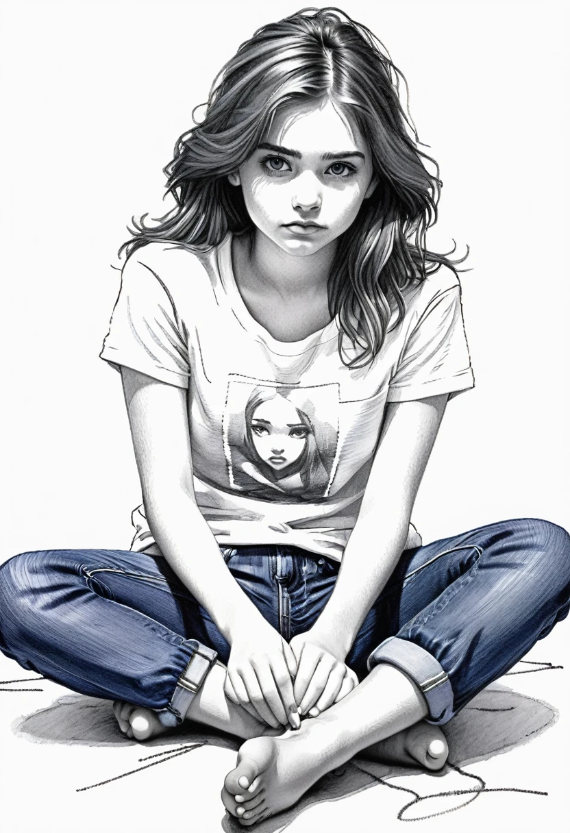 Girl staring at the viewer, early teens, sitting on her knees, T-shirt, jeans, barefoot, coarse ballpoint pen sketch drawn in hatching technique, centering, (white background)), masterpiece
