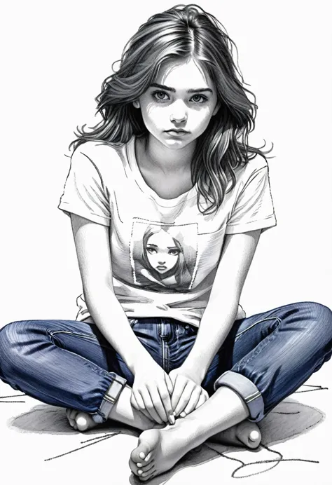 girl staring at the viewer, early teens, sitting on her knees, t-shirt, jeans, barefoot, coarse ballpoint pen sketch drawn in ha...