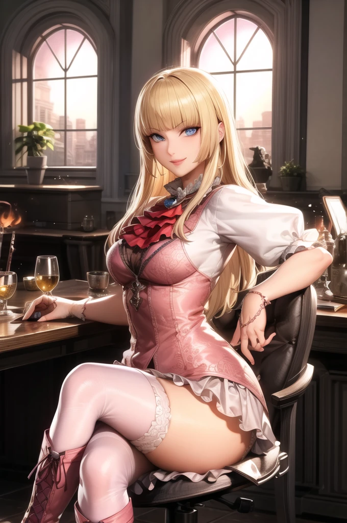 perfect eyes:1.2, detailed eyes:1.4, Emilie T8, blunt bangs, blue eyes, long hair, blonde hair, thighhighs, lace-up boots, pink frilled dress, frilled ascot, fingerless gloves, smile, red eyeshadow:1.2, makeup:1.2, cowboy shot, 1girl, solo, (masterpiece:1.6, best quality), 8k, insane details, intricate details, hyperdetailed, hyper quality, high detail, ultra detailed, professional, HDR, ray tracing reflection, cinematic lighting,