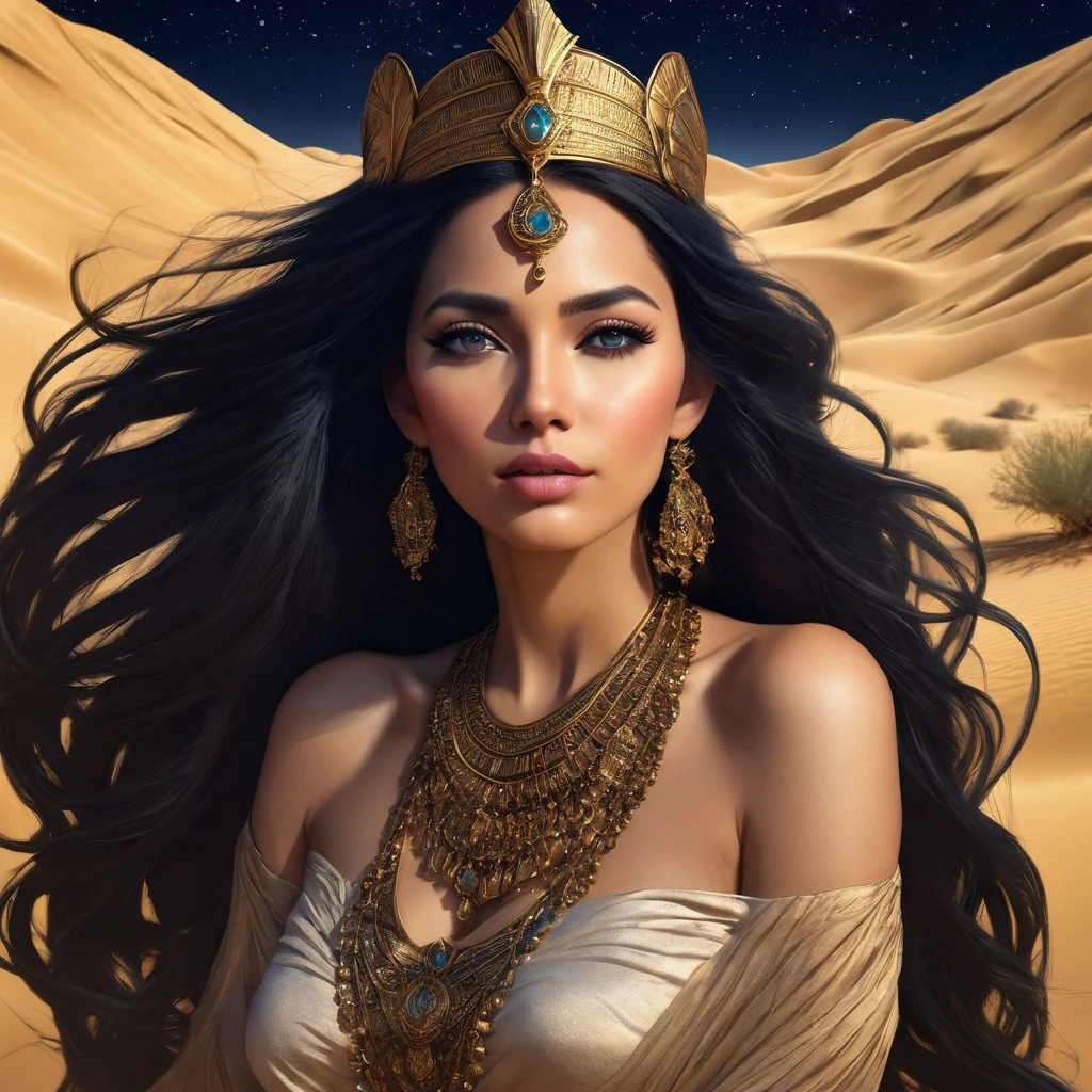 ((Sleeping in the Desert 2.0))，(bust:1.4), Shot from directly above:1.4, Desert Princess, Beautiful woman with long black hair, Detailed face, Deep Eyes, ふっくらAnd唇, Wearing a gold crown, The vast starry sky,Detailed desert, Dramatic lighting, A gorgeous column, rich fabric, (Highest quality,4K,8K,High resolution,masterpiece:1.2),Super detailed,(Realistic,photoRealistic,photo-Realistic:1.37),Intricate details,Cinema Lighting,Chiaroscuro,Dramatic Shadows,Warm color palette,Dramatic Pose, Beautiful Egyptian Queen,Hall々And,elegant,Majestic