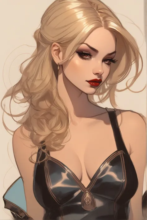 Illustration in styles of Harrison Fisher, Jeremy Mann, Alexandre Cabanel, and Tomer Hanuka, of a stunningly beautiful lady sexy...
