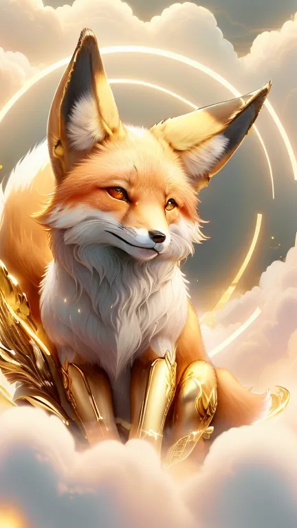 god々cute fox１animals、aura of gold,looking into the camera、look here、background gold、floating in the clouds