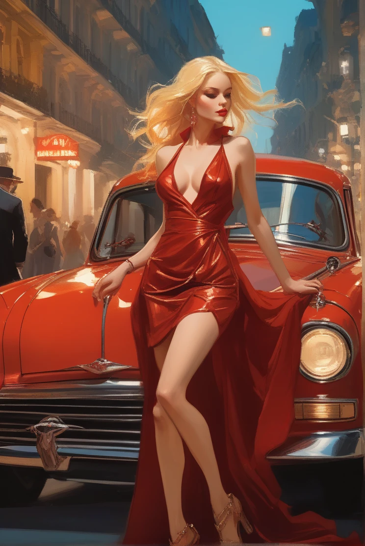 dans une rue illuminée avec une limousine derrière Illustration dans le style de Harrison Fisher, Jérémie Mann, Alexandre Cabanel, et Tomer Hanuka, d'une femme d'une beauté saisissante sexy bi boh  décolleté en V Escanor girl Power phénix + Avril Lavigne vêtue d&#39;une mini-robe, debout avec la contradiction des sandales pour hommes, atmosphère qui équilibre le délicat et le robuste, des teintes pastel douces pour la robe rouge sang contrastant leur robustesse, extérieur en cuir, des textures qui jouent les tons comme si