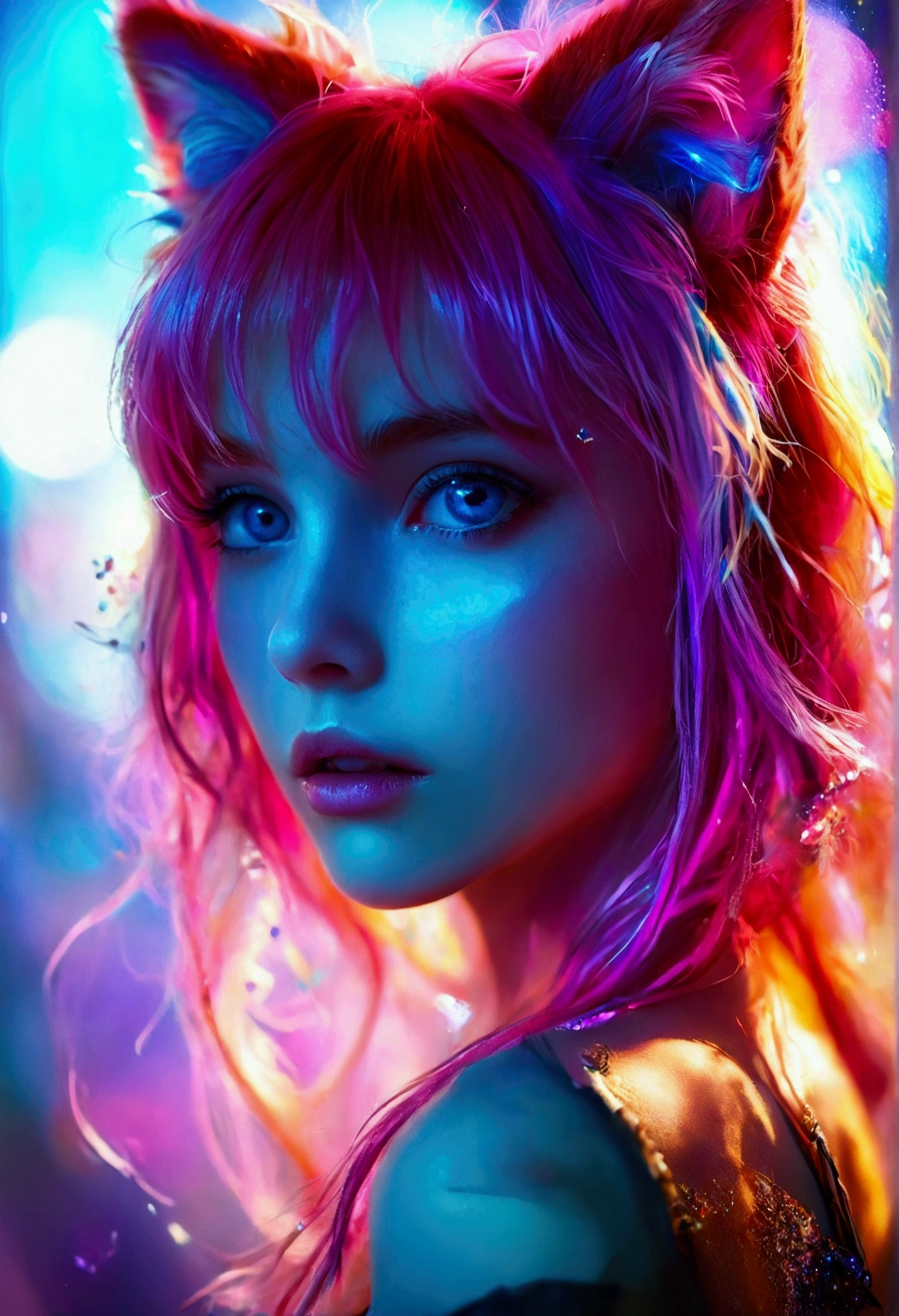 {{masterpiece}},{{Highest quality}},Bokeh,Awareness-raising,1 perfect portrait of a girl, A fascinating eye for perfect detail), Colorful Hair, (pink soft hair:1.6), (Cat ear:1.3),Slim and tall body type, Fantasy purple background, {Exposed bare shoulders},{Long-term alienation_sleeve}, {Lean forward slightly}, If you look up,hair ornaments,{shy},Please keep your mouth shut, Tilt your head,{Small breasts} ,Cinema Lighting,Larger clothes, ((Seductive pose)), Bright Blue Eyes, close,nsfw,Nude,naked, woman,Nude,fullbody,show off pussy,spread legs,Raise your arms to reveal realistic armpits