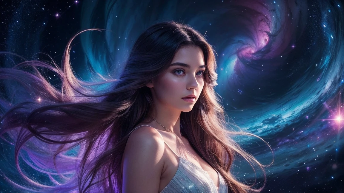 "Beautiful ethereal young woman with flowing hair, standing amidst a swirling cosmic nebula, magical sparks and stardust surrounding her, dreamy and enchanting atmosphere, high detail, photorealistic quality"