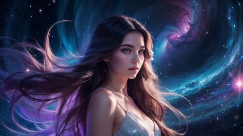 "Beautiful ethereal young woman with flowing hair, standing amidst a swirling cosmic nebula, magical sparks and stardust surroun...