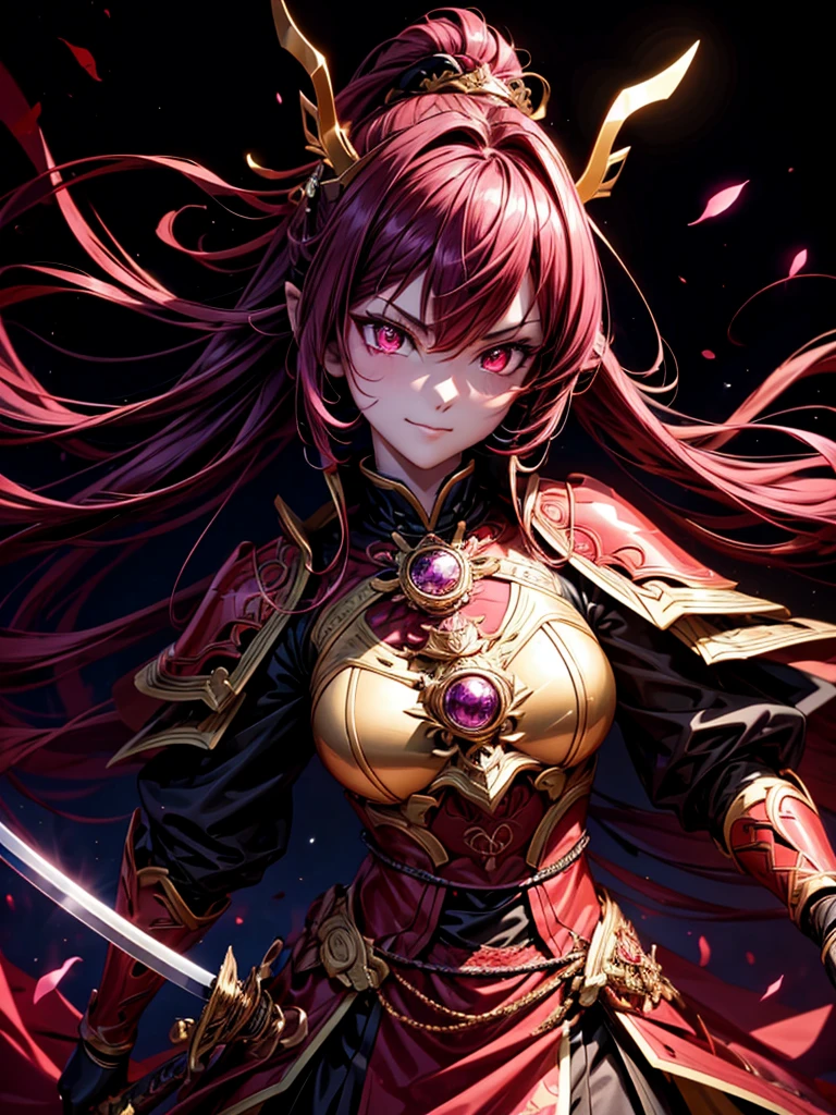 best quality,4K,high resolution),Ultradetailliert,realistisch,portrait, Lila Samurai Sukkubus mit einen katana dunkelrotem Haar, a purple-dark red armor with gold neon lights with gold trim and glowing red eyes, Leuchtende Farben, delicate features, seductive glance, Charming smile, wallende Haare, sanfte Beleuchtung